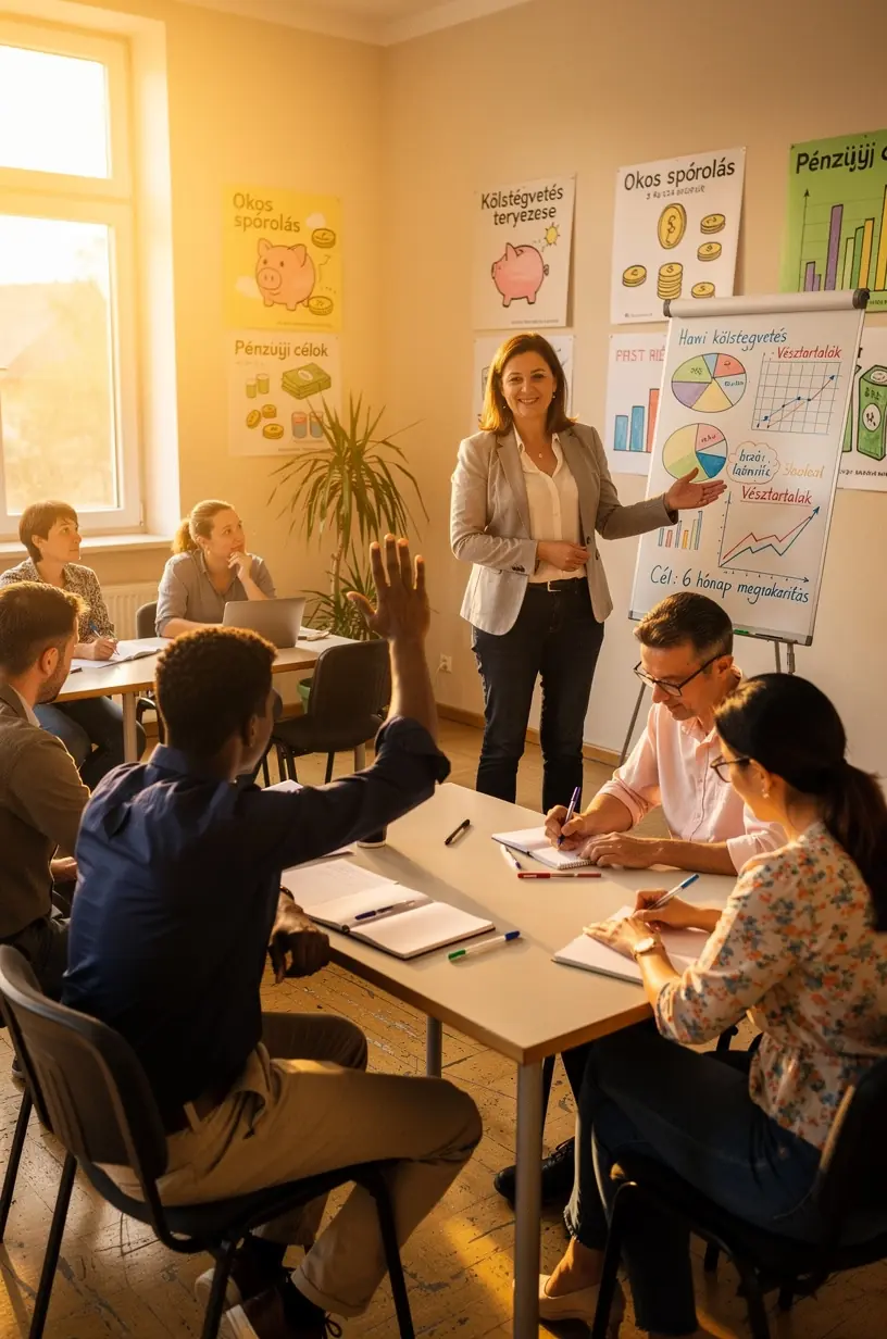 Egy szakértő magyarázza el a megtakarítási stratégiákat egy oktatóteremben, szemléltető táblával.